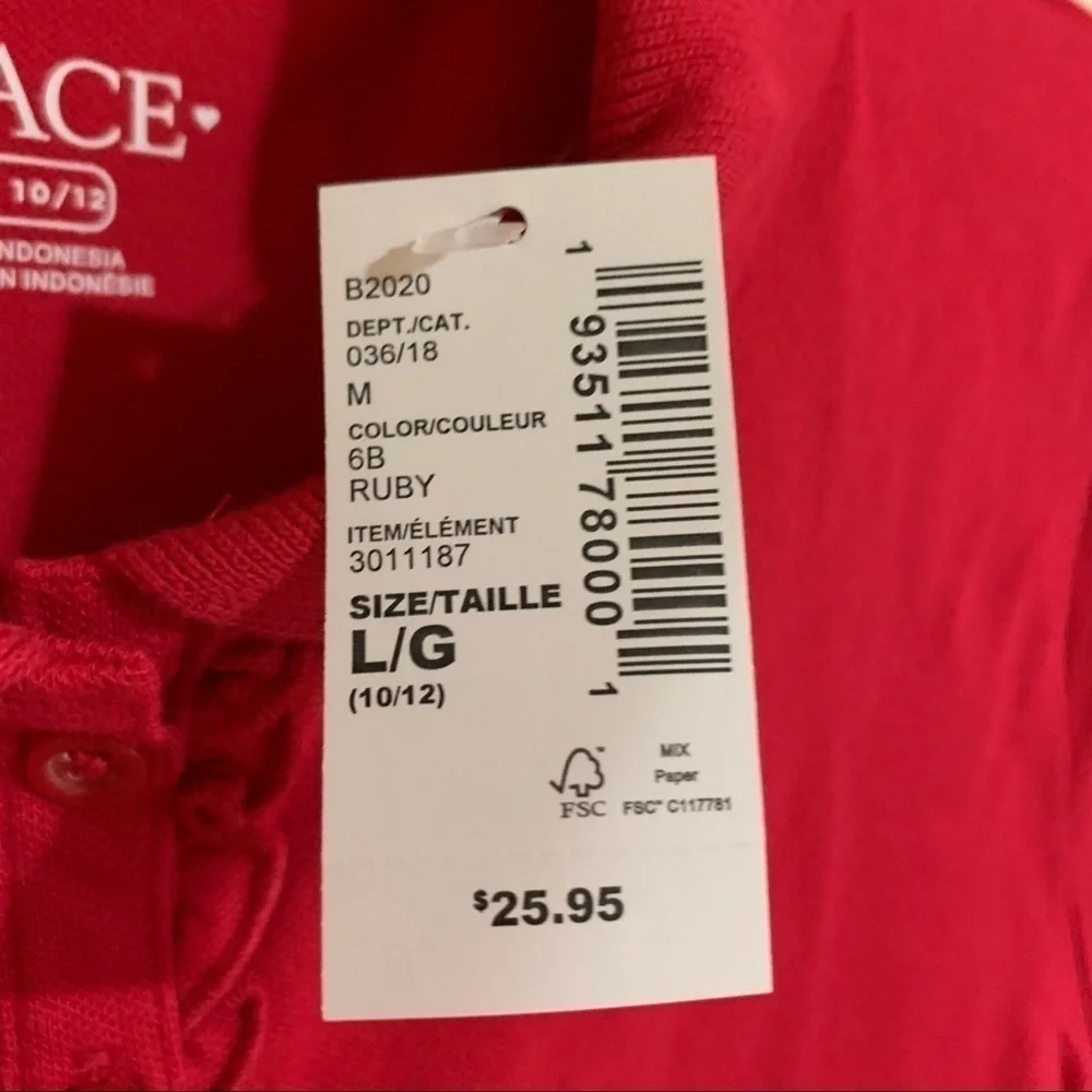 The Children’s Place Stretch Fabric Red Short Sleeve Ruffle Polo. LG 10/12